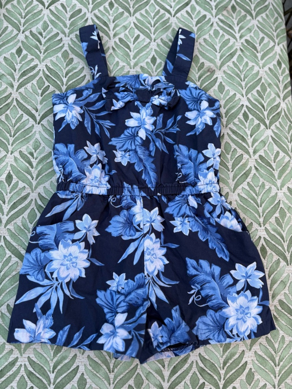 Janie and Jack Blue Tropical Floral Hawaiian Poplin Romper Bow & Pockets Size 5